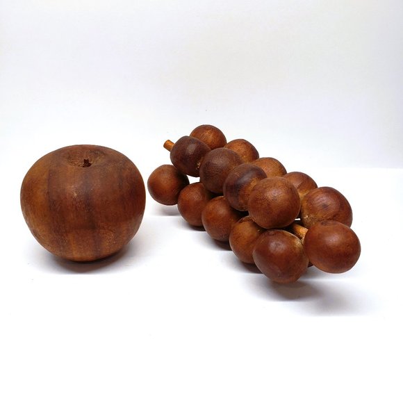 Vintage Mid Century Modern MCM Carved Wood Fruit Grapes Cluster 7" Apple 2.5" - Picture 1 of 11